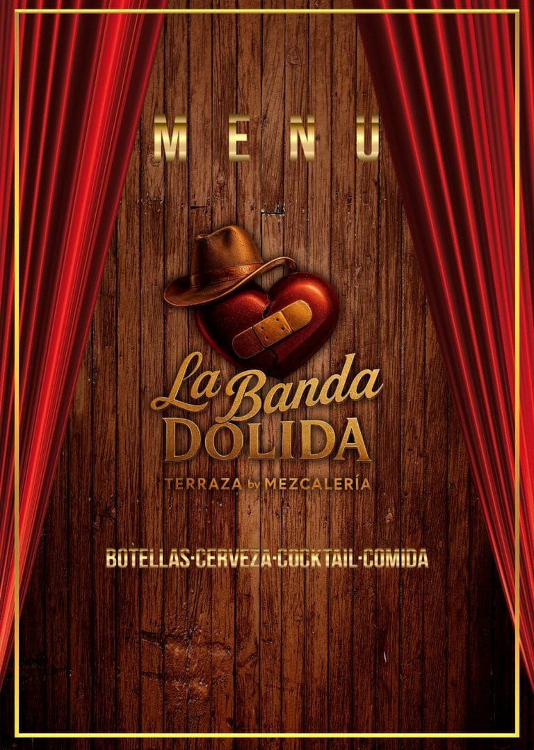 Portada de la carta de La Banda Dolida, terraza y mezcalería en la Roma: botellas, cerveza, cócteles y comida