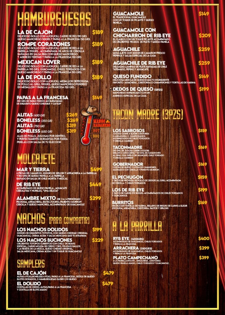 Carta de comida de La Banda Dolida: hamburguesas, alitas y boneless, molcajetes, nachos, samplers, tacos Tacón Madre y cortes a la parrilla