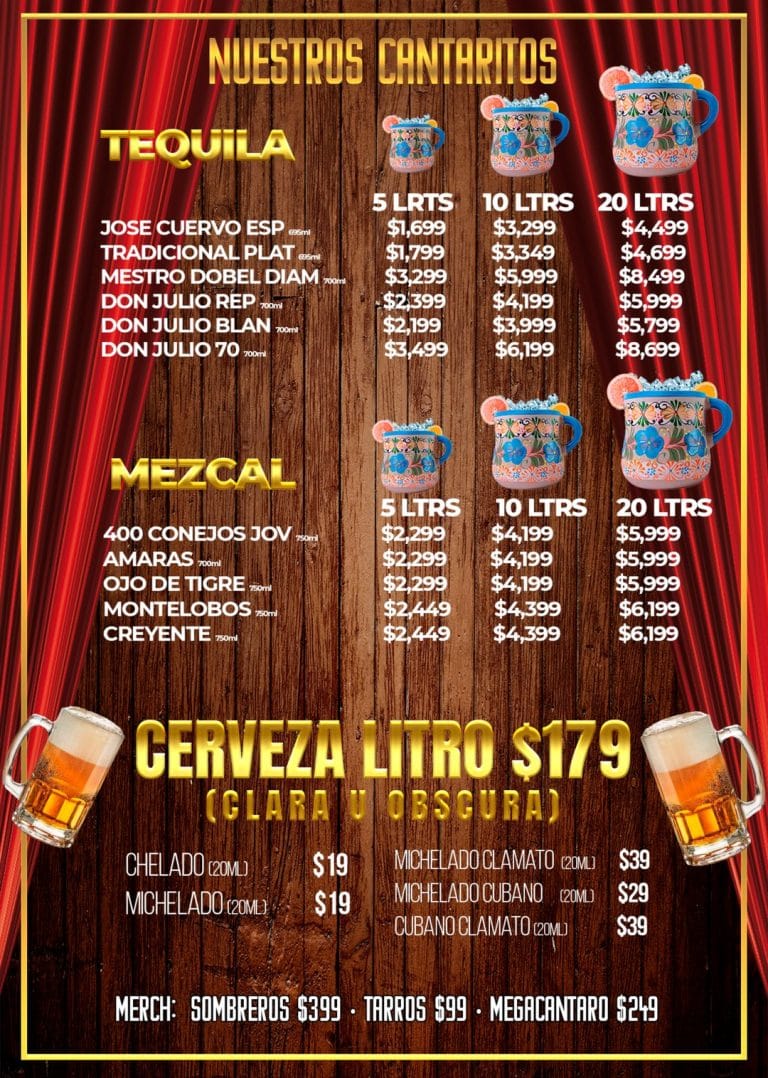 Cantaritos de tequila y mezcal de 5, 10 y 20 litros, cerveza de litro clara u obscura, cheladas y micheladas