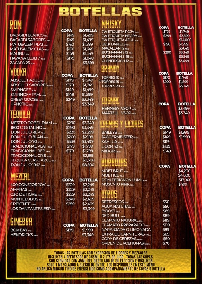 Carta de botellas: ron, vodka, tequila, mezcal, ginebra, whisky, brandy, cognac, cremas y licores, burbujas y refrescos