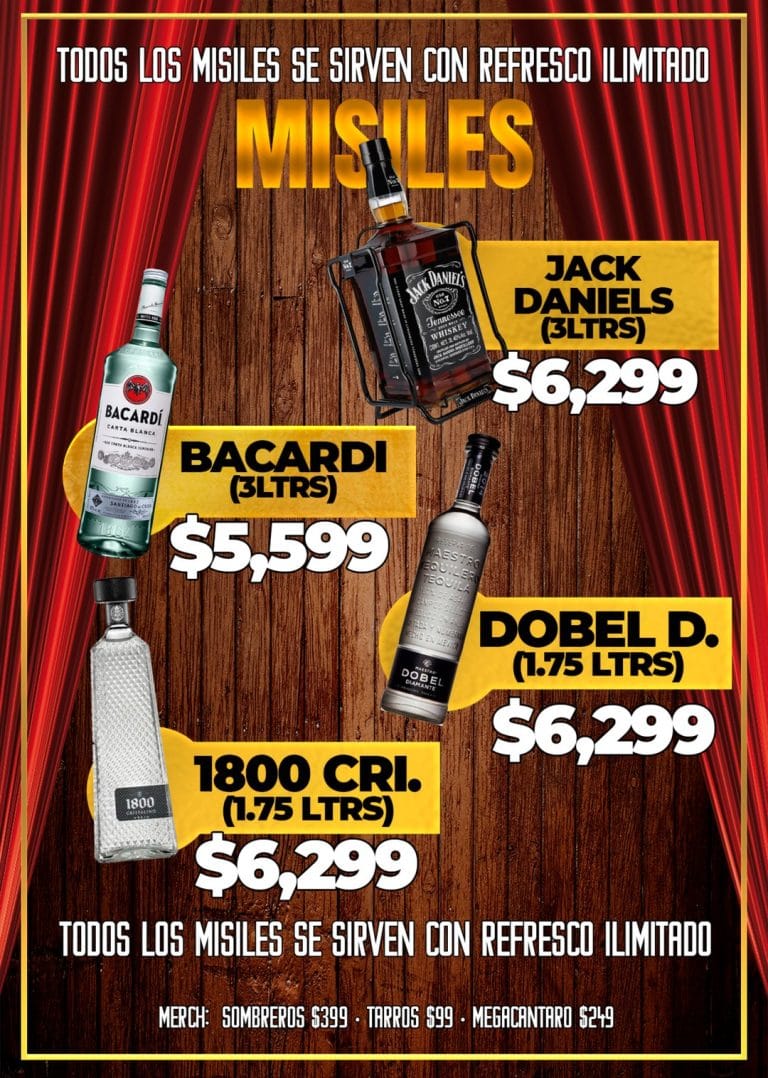 Misiles de 3 litros con refresco ilimitado: Jack Daniels, Bacardí, Dobel Diamante y 1800 Cristalino