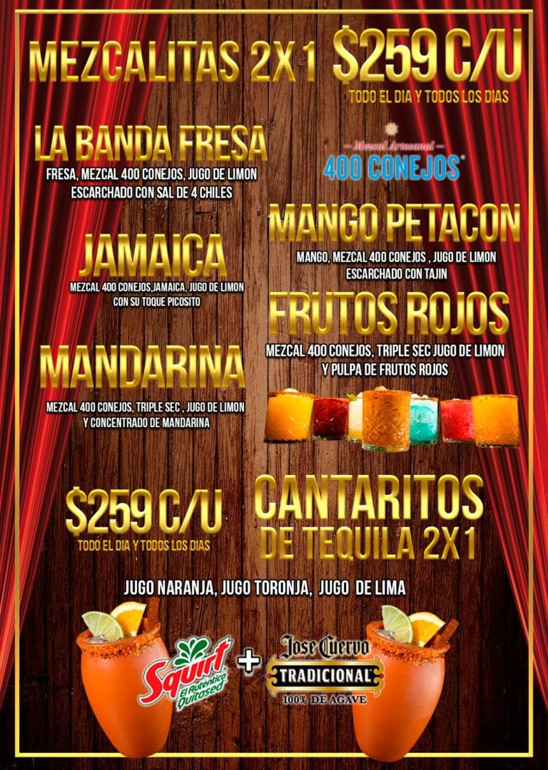 Mezcalitas 2x1 y cantaritos de tequila 2x1 todo el día: La Banda Fresa, Mango Petacón, Jamaica, Frutos Rojos y Mandarina