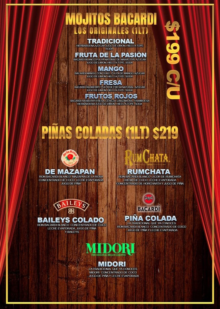 Mojitos Bacardí de 1 litro y piñas coladas de 1 litro: de mazapán, RumChata, Baileys colado, piña colada y Midori