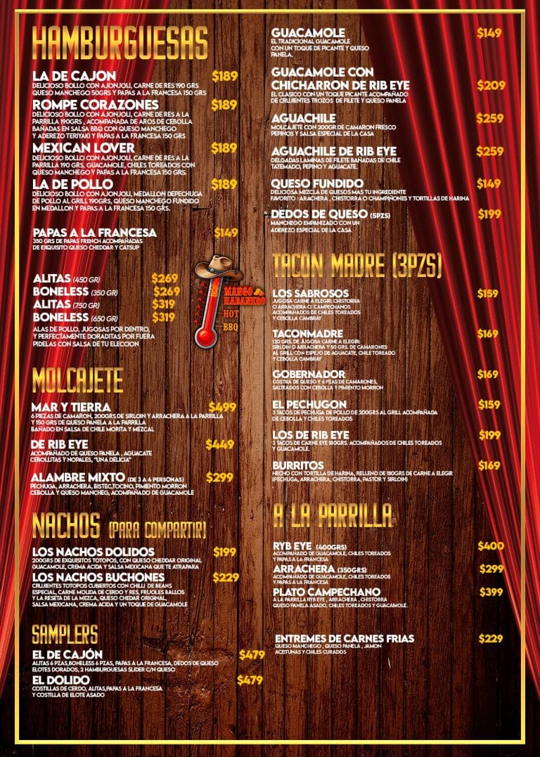 Carta de comida de La Banda Dolida: hamburguesas, alitas y boneless, molcajetes, nachos, samplers, tacos Tacón Madre, cortes a la parrilla y entremés de carnes frías